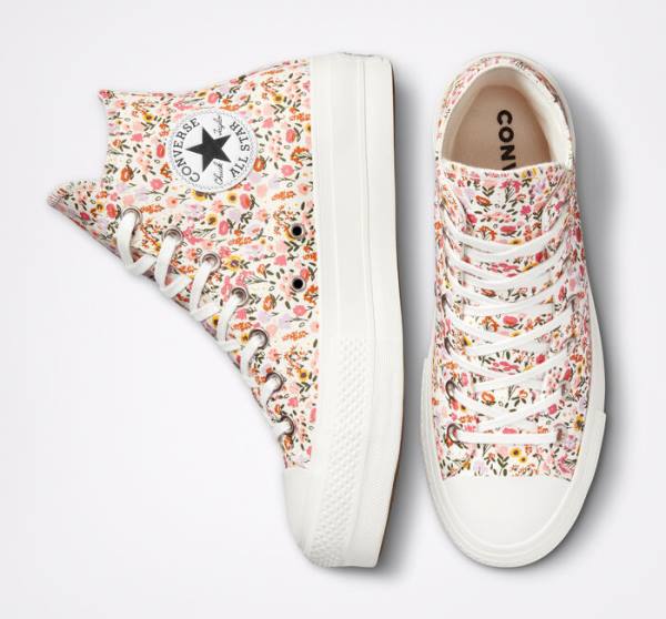 Zapatillas Altas Converse Chuck Taylor All Star Lift Platform Florals Beige Blancas Rosas | CV-964NWJ