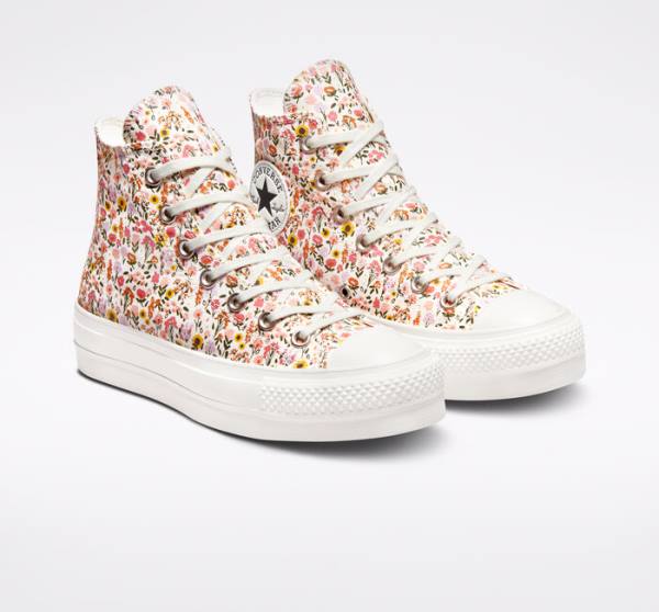 Zapatillas Altas Converse Chuck Taylor All Star Lift Platform Florals Beige Blancas Rosas | CV-964NWJ