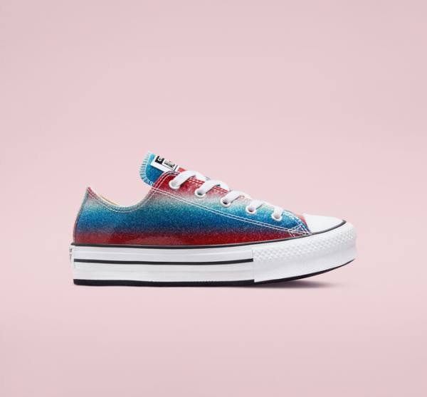 Zapatillas Bajas Converse Chuck Taylor All Star Lift Platform Glitter Drip Azules Blancas Rojas | CV-492WPQ